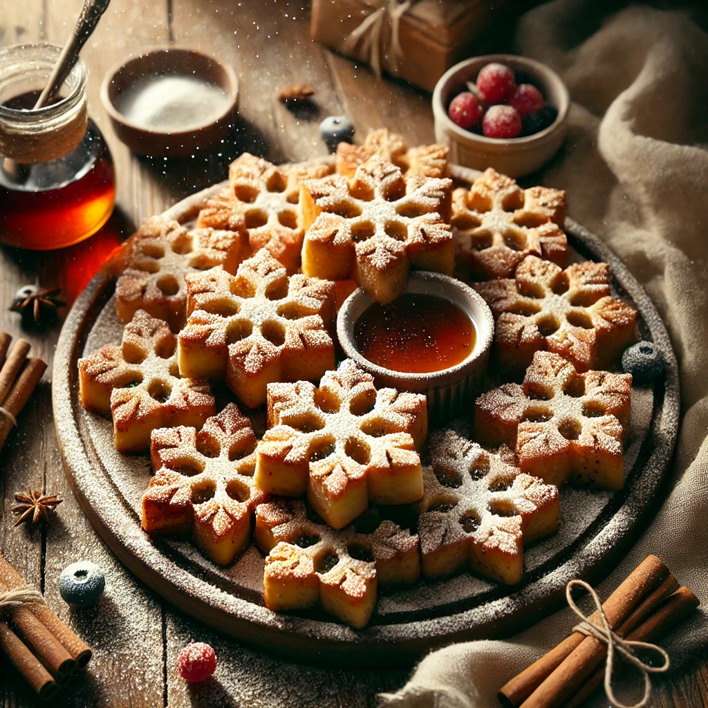 A rustic presentation of snowflake French toast bites, elegantly arranged on a wooden table. The French toast bites are cut into delicate snowflake shapes, golden brown and dusted with powdered sugar for a snowy effect. They are served on a wooden platter, accompanied by a small dish of maple syrup for dipping. Scattered around are cinnamon sticks, fresh berries, and a sprinkle of powdered sugar. Soft natural lighting enhances the warm and festive feel, with gentle shadows and a hint of rustic holiday charm in the background.