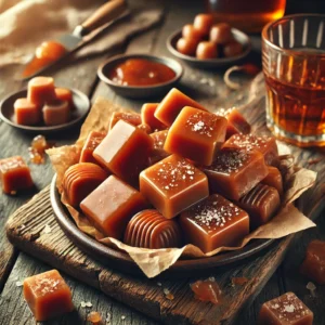 A plate of soft rum caramels on a rustic wooden table, featuring rich, golden-brown treats with a smooth, chewy texture infused with warm rum flavor. Some caramels are individually wrapped in parchment paper, while others are cut into small squares with a light sprinkle of sea salt. The plate rests on a wooden cutting board, with scattered caramel pieces, a small dish of melted caramel, and a glass of rum nearby. Soft natural lighting enhances the warm, inviting tones.