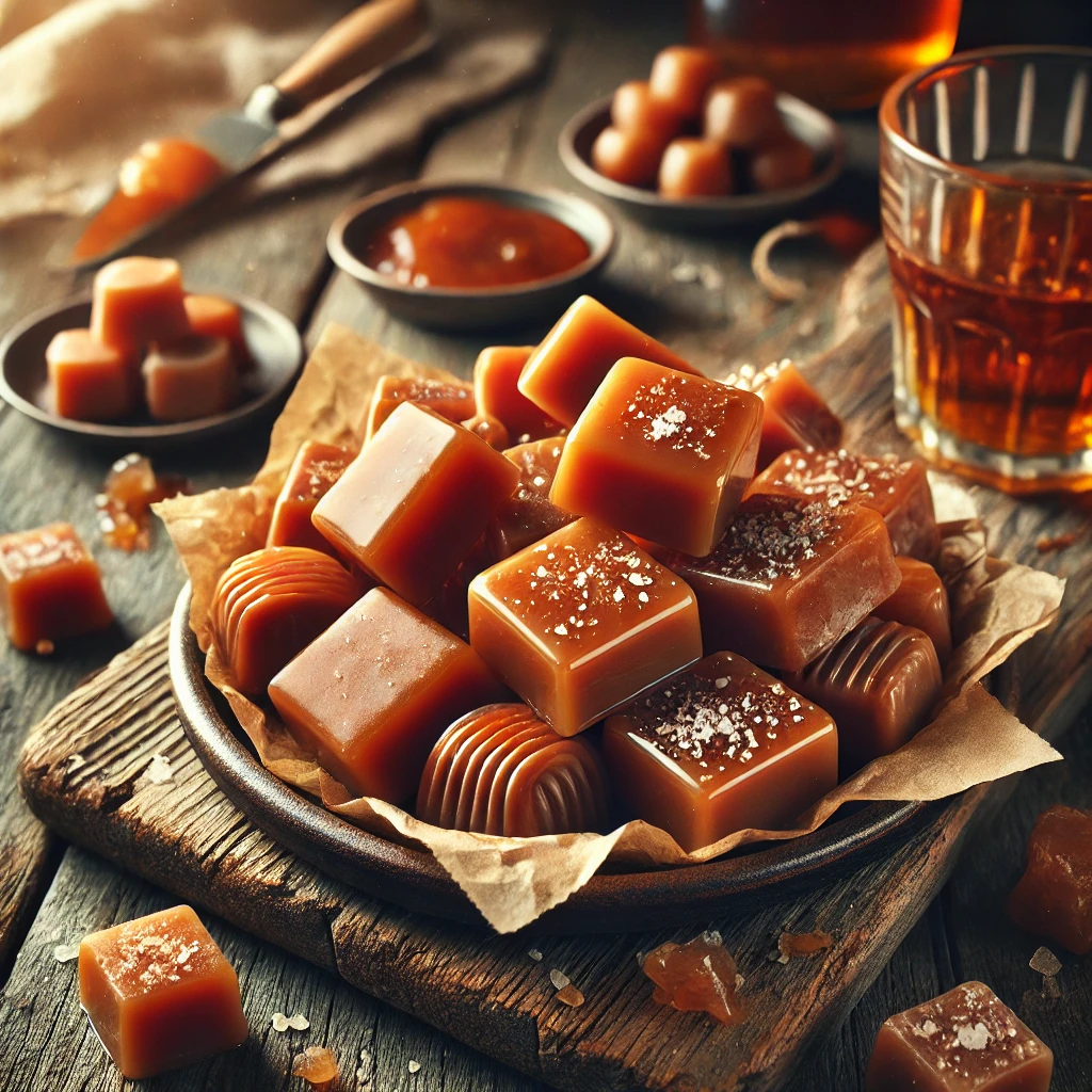 A plate of soft rum caramels on a rustic wooden table, featuring rich, golden-brown treats with a smooth, chewy texture infused with warm rum flavor. Some caramels are individually wrapped in parchment paper, while others are cut into small squares with a light sprinkle of sea salt. The plate rests on a wooden cutting board, with scattered caramel pieces, a small dish of melted caramel, and a glass of rum nearby. Soft natural lighting enhances the warm, inviting tones.