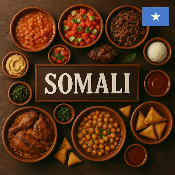 Authentic Somali cuisine flat lay with saffron rice, spiced chicken, lentil curry, chickpeas, samosas, tomato salad, and sauces in rustic wooden bowls, centered around SOMALI sign with the national flag.