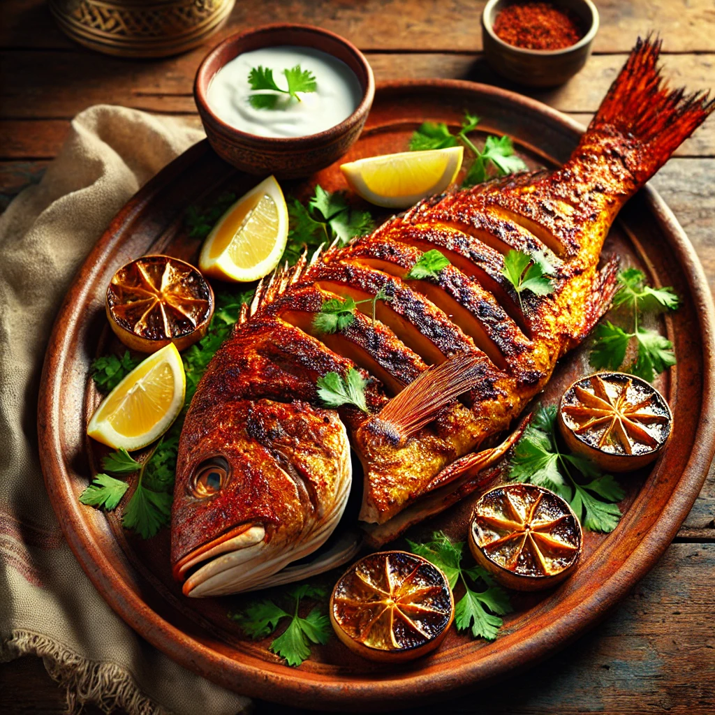 A beautifully plated Sookhi Macchi (Dry Masala Fish), featuring a whole red snapper grilled to perfection with a rich, spiced yogurt marinade. The fish is golden brown with slightly charred edges and deep slits absorbing the masala flavors. It is garnished with fresh coriander and lemon wedges, served on a rustic ceramic platter. A small bowl of yogurt sauce sits on the side for dipping. The platter rests on a wooden table, with warm, natural lighting enhancing the vibrant colors and textures of the dish.