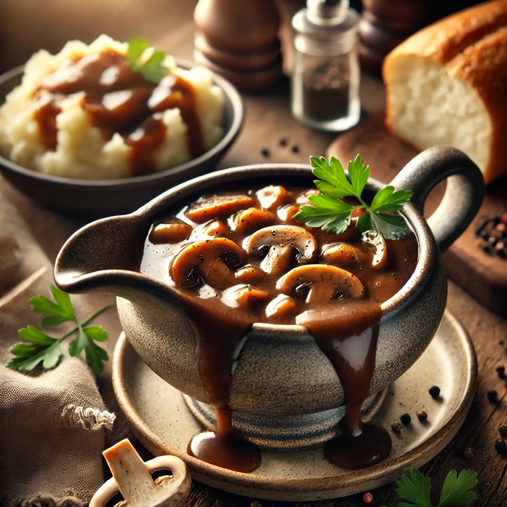 Soppy (Brown Gravy) served in a rustic gravy boat, filled with sautéed mushrooms and onions, garnished with freshly ground black pepper and parsley. The scene is styled on a wooden table with a plate of mashed potatoes, a loaf of crusty bread, and a linen napkin, illuminated by soft natural lighting for a cozy and comforting presentation.