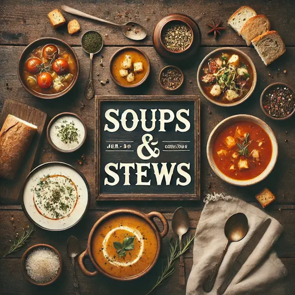A rustic flat lay of soups and stews on a dark wooden table, with bowls of vegetable soup, creamy soup, and hearty meat stew, each garnished with herbs or croutons. Rustic bread and spoons are placed nearby. At the top, the words 'SOUPS & STEWS' appear in large cream-colored serif letters, centered and clearly positioned above the food.