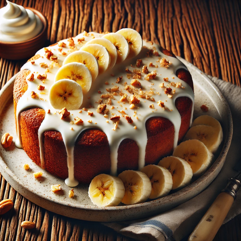 A beautifully plated Sour Cream Banana Cake served on a rustic wooden table. The cake is moist and fluffy, infused with ripe bananas and rich sour cream. Topped with a light vanilla glaze and a sprinkle of chopped nuts. Served on a white ceramic plate with a side of fresh banana slices and a dollop of whipped cream. The warm wooden table is more visible, providing a cozy and inviting setting.