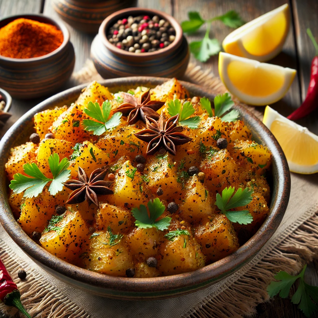 A beautifully plated dish of Khatte Aloo, featuring diced, golden potatoes seasoned with roasted cumin, black pepper, cayenne pepper, and fresh coriander. The potatoes are arranged in a rustic ceramic bowl, garnished with additional fresh herbs and a drizzle of lemon juice. A small dish of extra spices and lemon wedges accompany the dish on a wooden table. Soft, warm lighting enhances the inviting and flavorful presentation.