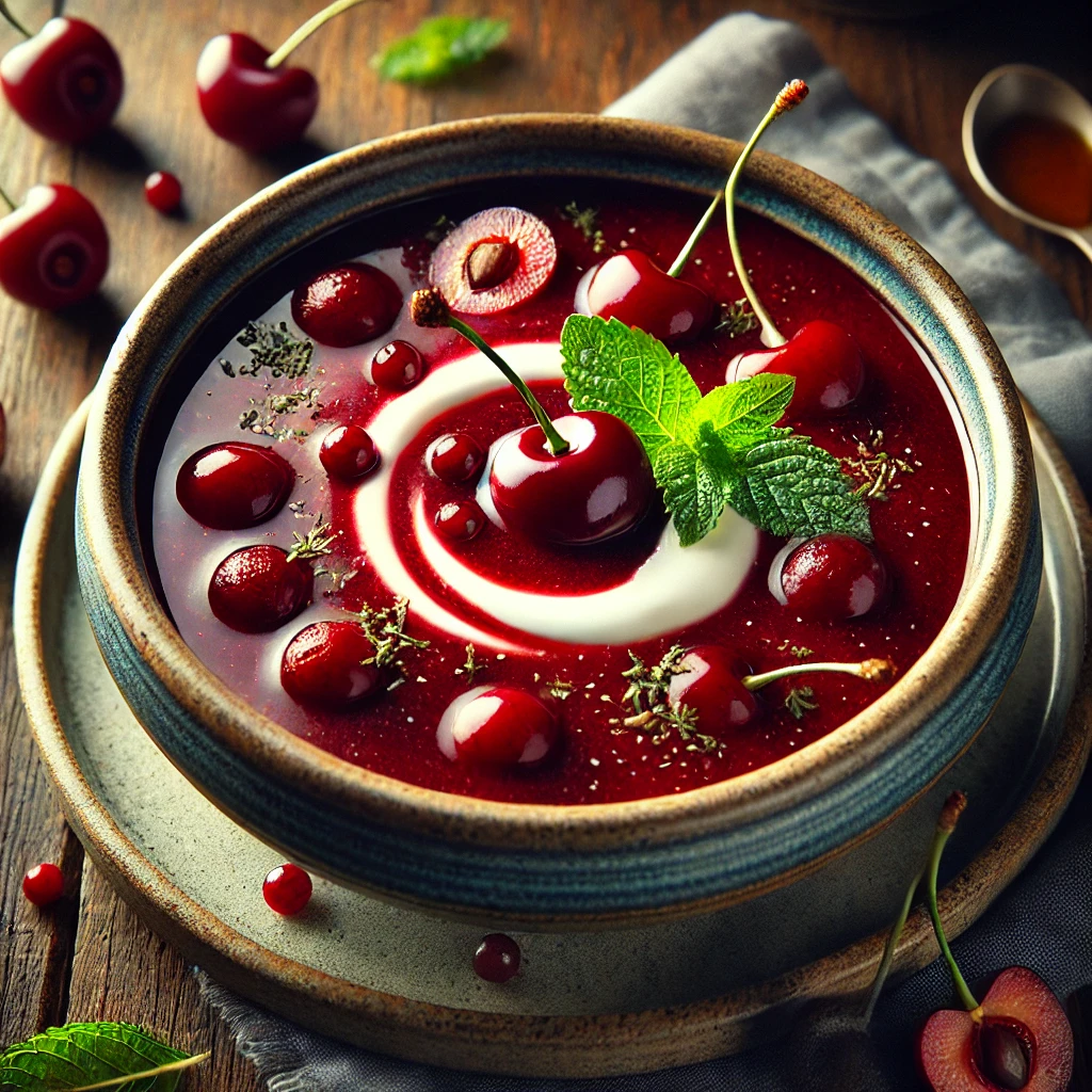 A beautifully plated bowl of Sour Cherry Soup, featuring a rich, deep-red chilled soup made from tart cherries, simmered with a hint of sugar and spices. The soup is served in a rustic ceramic bowl, garnished with a swirl of sour cream and a few whole cherries for decoration. The bowl rests on a wooden table with soft, natural lighting highlighting the refreshing and elegant dish.