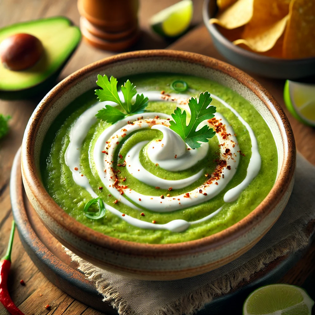 A beautifully plated bowl of Avocado & Soured Cream Soup, featuring a smooth, creamy green soup made from ripe avocados blended with tangy soured cream. The soup is served in a rustic ceramic bowl, garnished with a swirl of soured cream, fresh coriander leaves, and a sprinkle of chili flakes. The bowl rests on a wooden table with soft, natural lighting highlighting the rich and refreshing flavors.