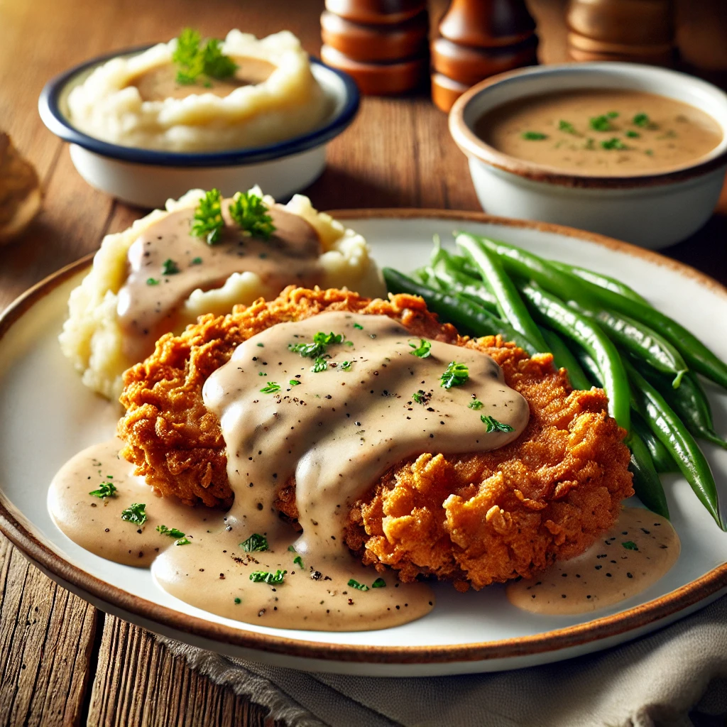 A beautifully plated dish of Southern Chicken Fried Steak with Pan Gravy served on a rustic wooden table. The dish features golden, crispy breaded beef steak, smothered in a rich, creamy white gravy with black pepper specks. Served on a classic white plate, garnished with fresh parsley. A side of mashed potatoes and buttered green beans completes the meal. The warm wooden table and softly blurred background enhance the comforting Southern-style presentation.