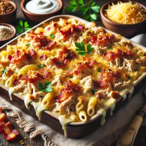 Tender shredded chicken mixed with crispy bacon, creamy cheese sauce, and pasta, topped with a golden, crunchy breadcrumb crust and garnished with fresh parsley.