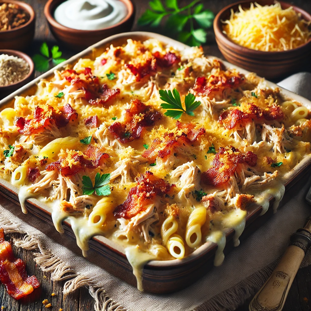Tender shredded chicken mixed with crispy bacon, creamy cheese sauce, and pasta, topped with a golden, crunchy breadcrumb crust and garnished with fresh parsley.