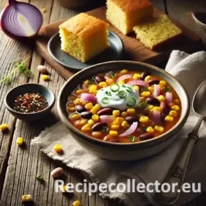 Hearty Southwestern Bean and Corn Soup in a bowl on a weathered wooden table, garnished with scallions and sour cream, served with cornbread and a linen napkin in warm natural lighting.