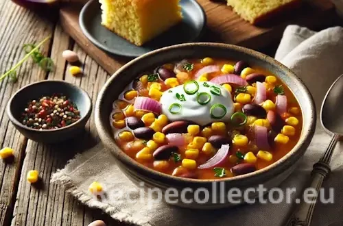 Hearty Southwestern Bean and Corn Soup in a bowl on a weathered wooden table, garnished with scallions and sour cream, served with cornbread and a linen napkin in warm natural lighting.