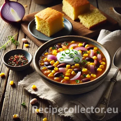 Hearty Southwestern Bean and Corn Soup in a bowl on a weathered wooden table, garnished with scallions and sour cream, served with cornbread and a linen napkin in warm natural lighting.