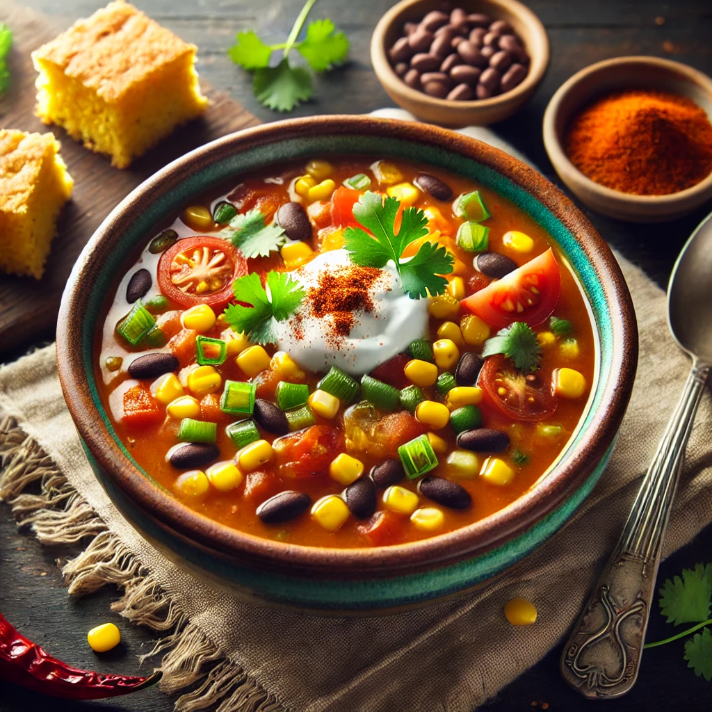 A rustic ceramic bowl of Southwestern corn and bean soup, filled with sweet corn, black beans, diced tomatoes, and green bell peppers in a spiced broth, garnished with fresh cilantro, a dollop of vegan sour cream, and smoked paprika, served with cornbread on a dark wooden table in soft natural light.