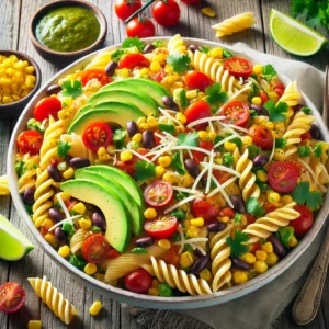 A vibrant Southwestern pasta salad on a rustic wooden table, featuring al dente pasta tossed with black beans, corn, cherry tomatoes, diced bell peppers, and avocado, all coated in a zesty lime-cilantro dressing. Shredded cheese and crunchy tortilla strips add texture. The salad is served in a large bowl with a lime wedge on the side, accompanied by a small dish of dressing and scattered fresh cilantro leaves. Soft natural lighting enhances the fresh, colorful tones.
