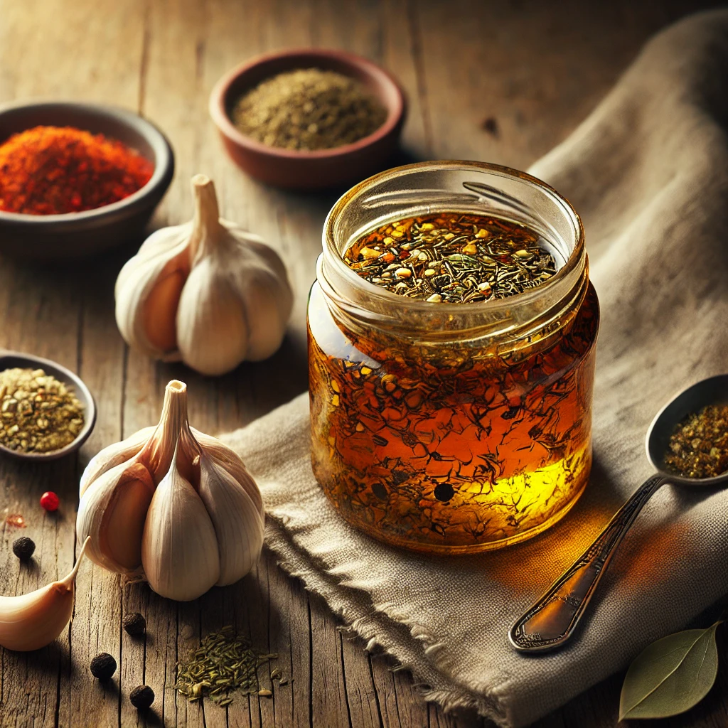 Alt Text: A small jar of golden Southwestern oil sauce infused with visible pieces of garlic, dried oregano, and ground cumin sits on a rustic wooden table. Surrounding the jar are fresh garlic cloves, a small bowl of oregano, ground cumin, and black peppercorns, along with a spoon for serving.