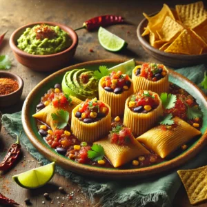 Southwestern tamalliettas made with masa dough, filled with spiced black beans and corn, topped with salsa, avocado slices, and cilantro, served on a rustic plate with lime wedges and guacamole in a warm, festive setting.