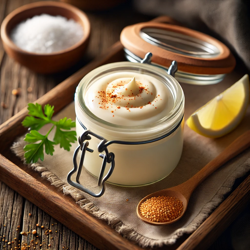 Soymilk Mayo displayed in a small glass jar with a wooden lid, creamy and pale in color. The jar is styled on a rustic wooden table with a spoon dipped into the mayo, a lemon wedge, a sprinkle of dry mustard powder, a small bowl of sea salt, and fresh parsley. Soft natural lighting enhances the simple and inviting presentation.