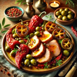 Golden and tender slices of pork loin seasoned with paprika, served alongside blistered Padrón peppers, green olives, and capers. The dish is beautifully arranged on a rustic ceramic platter, garnished with fresh herbs, with a warm Mediterranean-inspired decor and natural lighting highlighting the rich textures and vibrant colors.