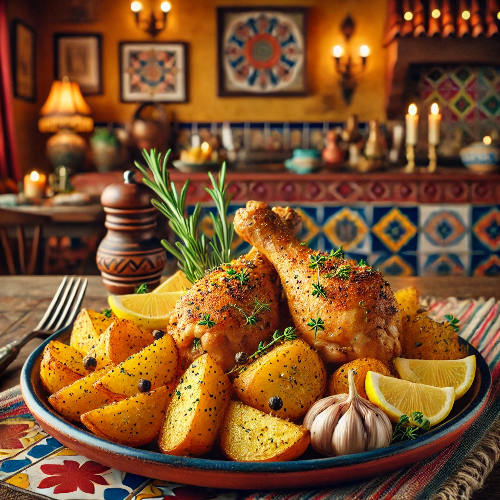 Spanish chicken with golden potatoes, seasoned with herbs and lemon, served on a vibrant Mexican-inspired plate.