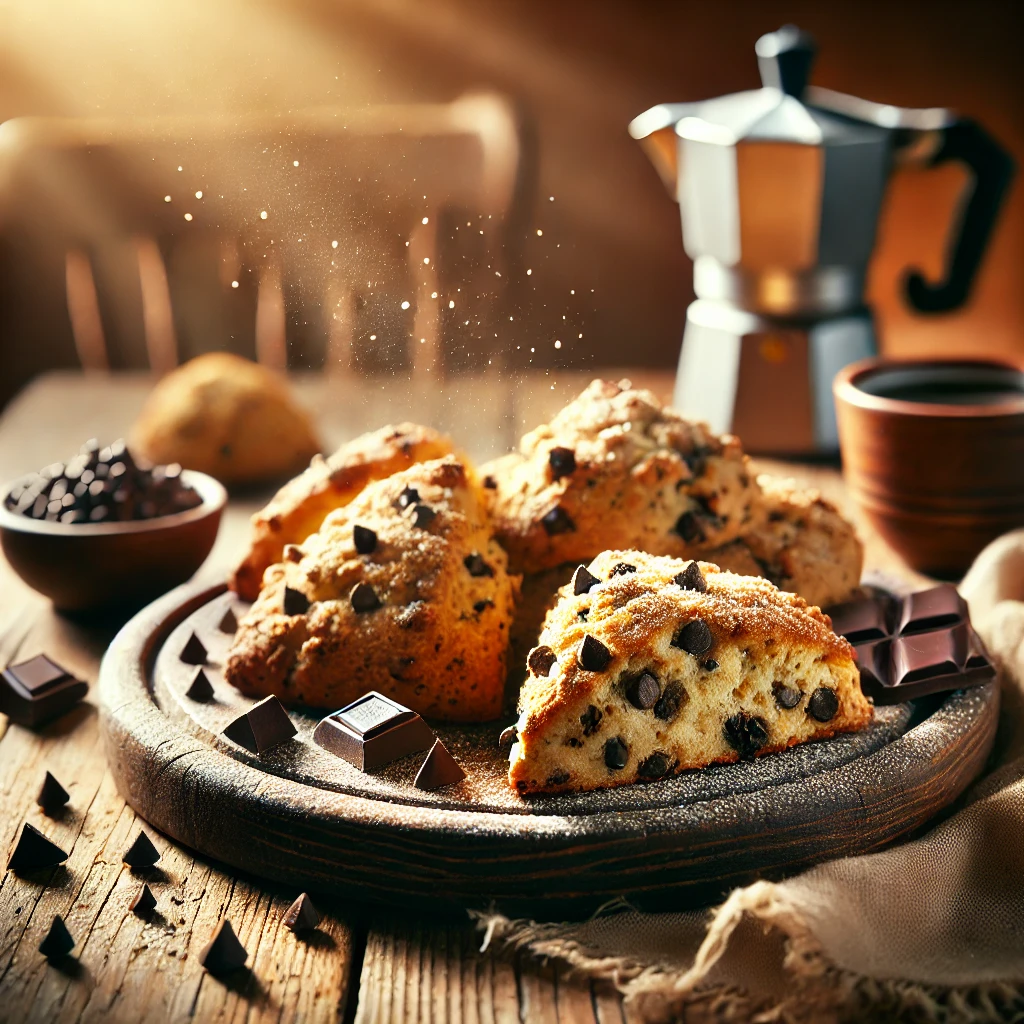 Special Dark Chocolate Chip Scones on a rustic wooden platter, featuring golden-brown scones with a crumbly texture and rich dark chocolate chips. Lightly dusted with powdered sugar, set on a wooden table with a cup of coffee and a bowl of extra dark chocolate chips in the softly blurred background.