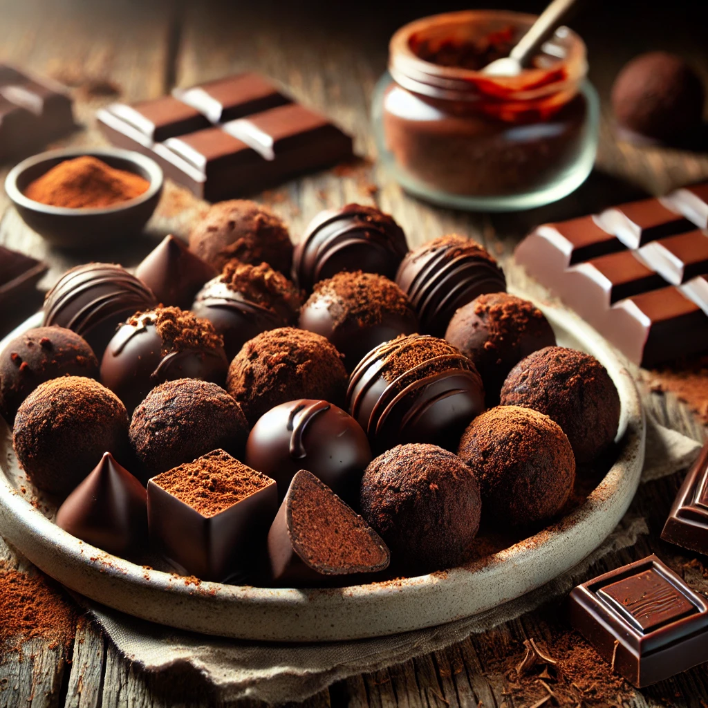 A plate of special dark fudge truffles on a rustic wooden table, featuring rich, smooth truffles coated in dark chocolate, some dusted with cocoa powder and others drizzled with melted chocolate. A few are cut open to reveal their dense, fudgy interior, with scattered chocolate shavings and cocoa powder adding to the luxurious presentation. Soft natural lighting enhances the deep, indulgent chocolate tones.