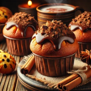 A cozy and inviting presentation of Speculaas Muffins with Decadent Chocolate Ganache, featuring golden-brown muffins topped with glossy chocolate ganache, garnished with crushed speculaas cookies and powdered sugar. The setting includes cinnamon sticks, speculaas cookies, and a cup of hot chocolate on a rustic wooden table, evoking warm, cozy autumn vibes.