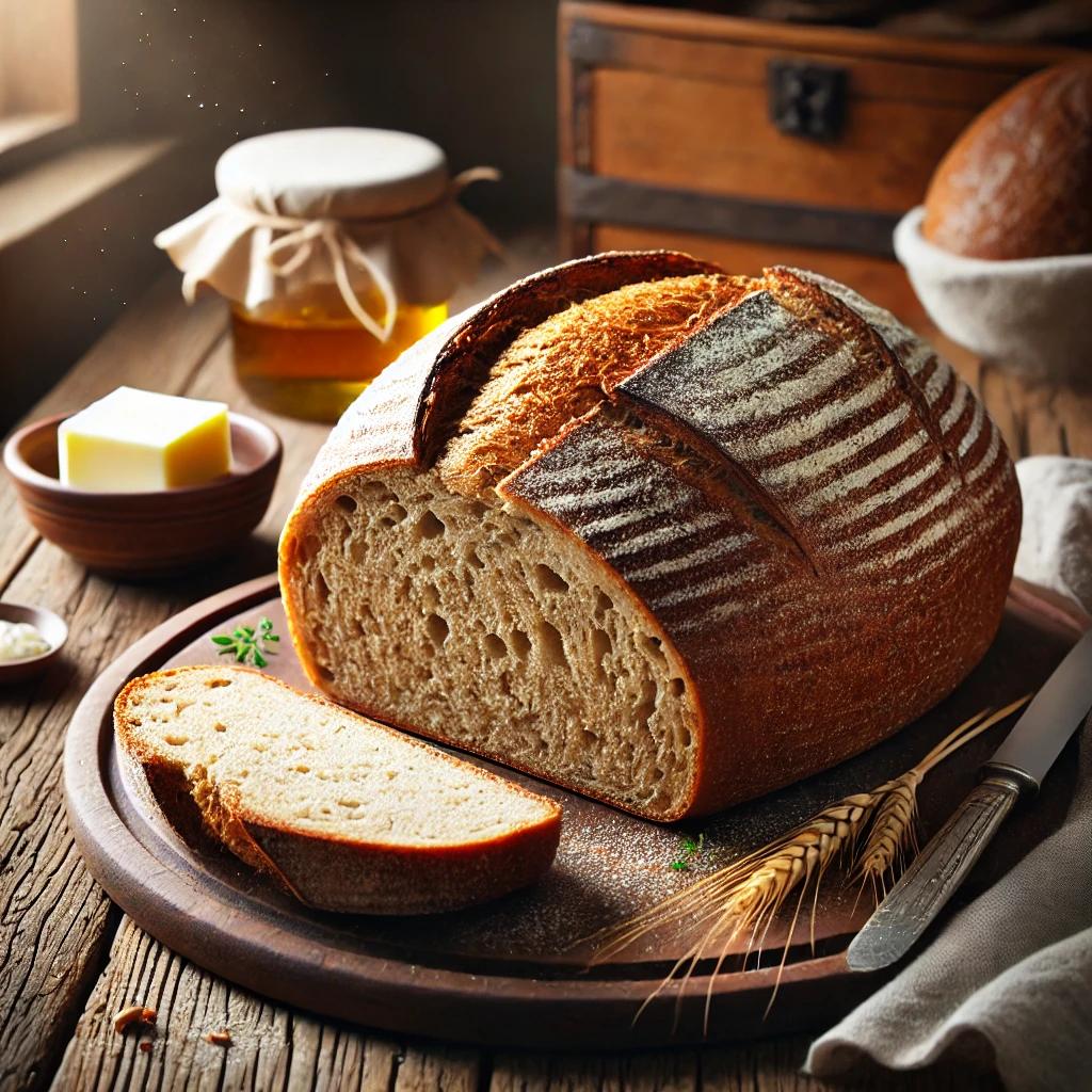 A freshly baked Spelt Loaf with a golden-brown crust and a soft, fluffy interior. The bread has a rustic, artisanal appearance with a slightly cracked surface and a dusting of flour on top. It rests on a wooden cutting board atop a rustic wooden table, with a few slices cut to reveal its tender crumb. A small dish of butter, a linen napkin, and fresh herbs complete the cozy presentation. Warm, natural lighting enhances the inviting, homemade feel.