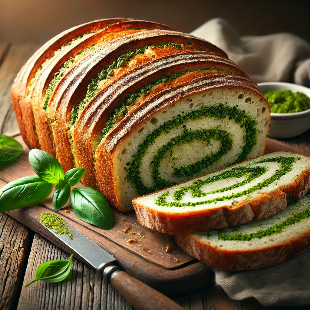 A freshly baked loaf of Spelt Pesto Bread with a golden, crusty exterior and swirls of vibrant green pesto running through its soft, airy interior. A few slices are cut, revealing the rich, aromatic layers of basil pesto. The loaf rests on a wooden cutting board atop a rustic wooden table, accompanied by a small dish of pesto, fresh basil leaves, and a butter knife. Warm, natural lighting enhances the inviting, homemade feel.