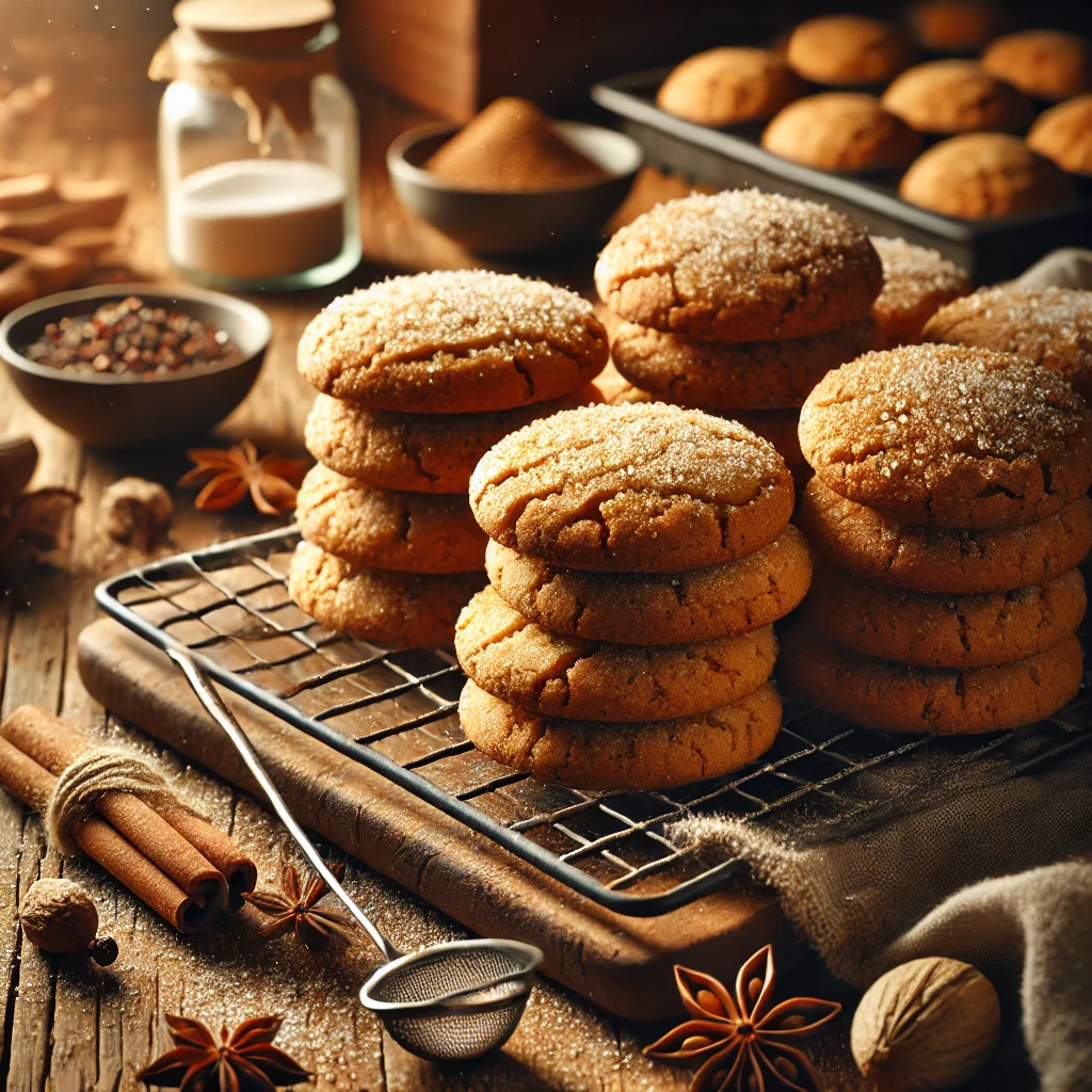 A batch of freshly baked spice cookies with a golden-brown color and a slightly cracked surface, dusted with raw sugar. The cookies are infused with warm holiday spices like cinnamon, ginger, nutmeg, and cloves. Some cookies are stacked, while others cool on a wire rack. The rustic wooden table is decorated with cinnamon sticks, whole nutmeg, and star anise, with warm natural lighting creating a cozy, festive atmosphere.
