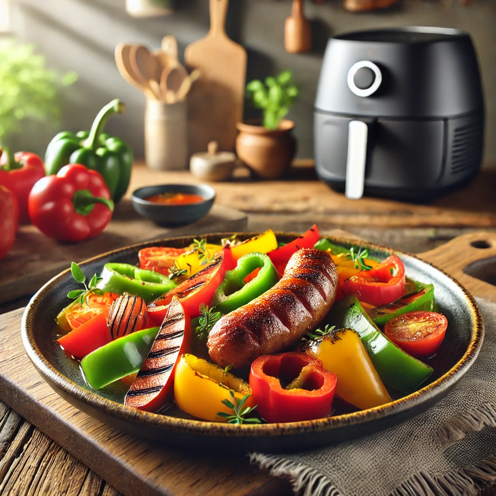 A colorful dish of Peperonata with beef sausage served on a rustic ceramic plate. The plate features vibrant slices of red, green, and yellow bell peppers alongside a perfectly seared beef sausage, garnished with fresh herbs. The background shows a modern kitchen with an air fryer and a wooden countertop illuminated by soft natural light.