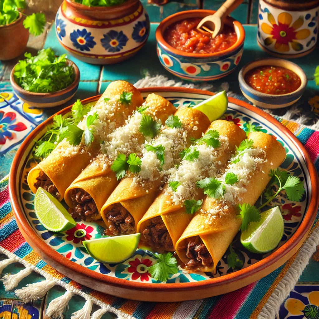 A colorful and appetizing plate of beef taco roll-ups garnished with shredded Cotija cheese, served on a vibrant Mexican-style table setting with fresh cilantro, lime wedges, and a cheerful, bright background.
