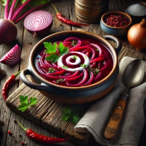 A deep magenta Hot Beetroot and Red Onion Soup served in a rustic ANTA pasta dish, garnished with a swirl of cream and chopped parsley. The dish is styled on a weathered wooden table with a linen napkin, wooden spoon, and fresh ingredients like raw beetroot, red onions, and a red chili pepper, illuminated by soft natural lighting for a cozy and inviting presentation.