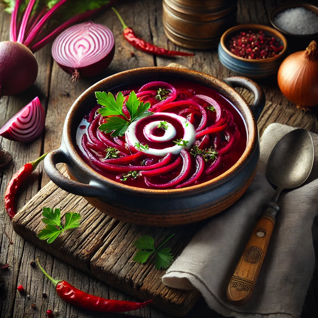 A deep magenta Hot Beetroot and Red Onion Soup served in a rustic ANTA pasta dish, garnished with a swirl of cream and chopped parsley. The dish is styled on a weathered wooden table with a linen napkin, wooden spoon, and fresh ingredients like raw beetroot, red onions, and a red chili pepper, illuminated by soft natural lighting for a cozy and inviting presentation.