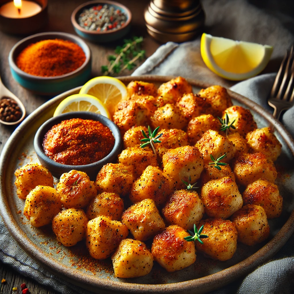 A beautifully plated dish of Delicious Chicken Bits, featuring golden, bite-sized chicken cubes seasoned with a blend of turmeric, chili powder, cumin, thyme, and paprika. The chicken is arranged on a rustic ceramic plate, garnished with fresh herbs. A side of dipping sauce and lemon wedges accompany the dish on a wooden table. Soft, warm lighting enhances the inviting and flavorful presentation.