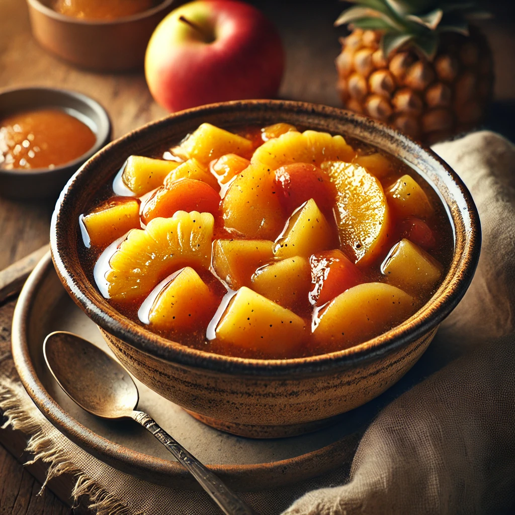 A warm and inviting bowl of Fruit Compote, featuring a mix of pineapple tidbits, apple slices, and peaches in a thick, glossy syrup. The compote has a rich golden hue, with hints of brown sugar and curry powder adding depth. It is served in a rustic ceramic bowl on a wooden table, with a spoon, a small dish of extra fruit, and a linen napkin nearby. Warm, natural lighting enhances the textures and inviting colors.
