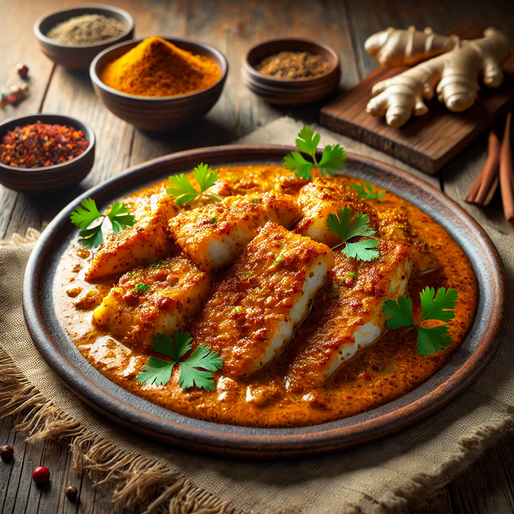 Golden, spiced catfish fillets coated in a rich garam masala and coconut milk sauce, garnished with fresh coriander and presented on a rustic ceramic plate. The warm natural lighting enhances the dish’s inviting and flavorful appearance.