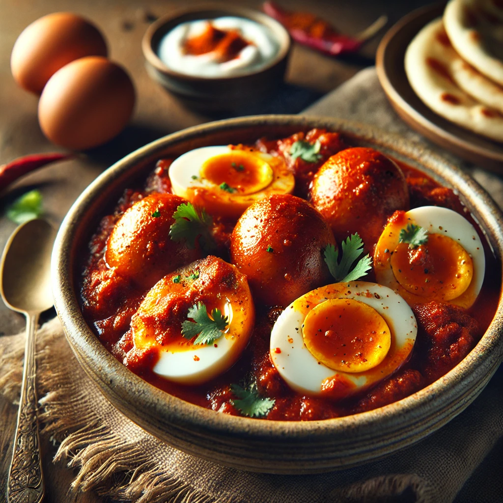 A beautifully plated dish of Hard-boiled Eggs ‘Masala,’ featuring halved hard-boiled eggs coated in a rich, spiced tomato-based masala sauce. The dish has a deep red-orange hue with hints of turmeric, chili, and garam masala. It is garnished with fresh coriander and served in a rustic ceramic bowl. A side of warm naan bread and a small dish of yogurt accompany the meal. The bowl rests on a wooden table, with soft, warm lighting enhancing the inviting and flavorful presentation.