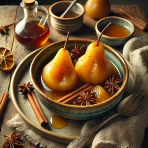 Spiced Poached Pears served in an artisan ceramic bowl, soft and golden, poached in a rich syrup infused with cinnamon, star anise, and citrus zest. The dish is garnished with a drizzle of syrup and whole spices, styled on a rustic wooden table with a linen napkin, a small jug of extra syrup, and a spoon.
