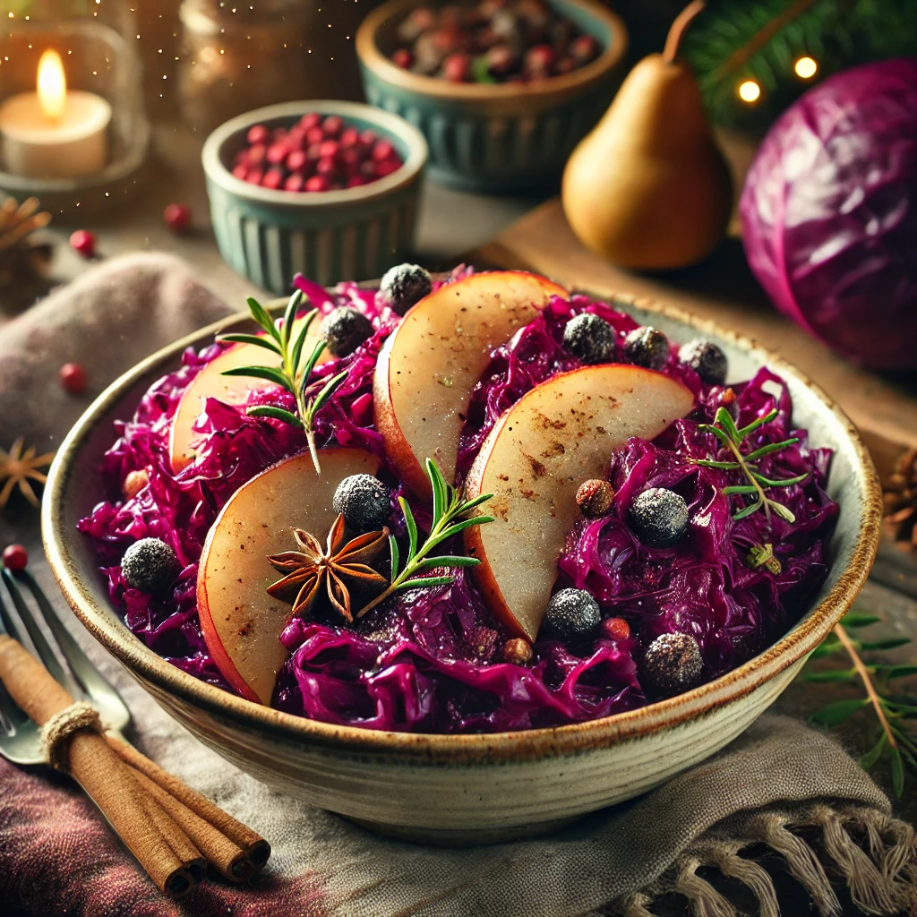 A rustic ceramic bowl filled with tender red cabbage, cooked with slices of pear, chopped juniper berries, and a hint of cinnamon. The dish has a rich, vibrant purple color, garnished with fresh herb sprigs and accompanied by cinnamon sticks. The setting includes holiday decor like warm-toned textiles and festive accents, with soft natural lighting highlighting the rich textures and colors, making it an inviting holiday side dish.