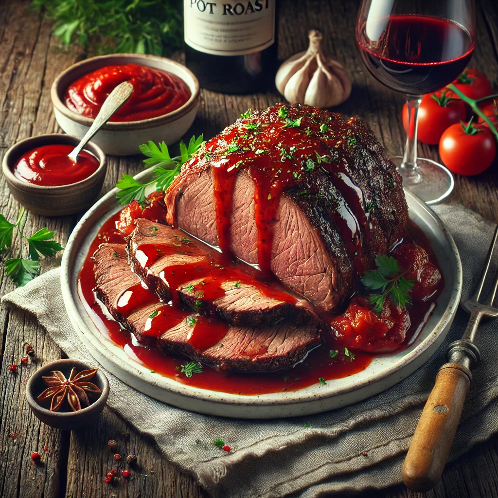A white ceramic platter of spicy wine pot roast sits on a rustic wooden table. The tender, sliced topside roast is drizzled with a rich, glossy sauce made with red wine, tomato ketchup, and herbs. Garnished with fresh chopped parsley, the dish is accompanied by a small bowl of extra sauce, a folded linen napkin, and a bottle of red wine. Soft natural light highlights the juicy texture of the meat and the glossy sauce, creating a warm and appetizing presentation.