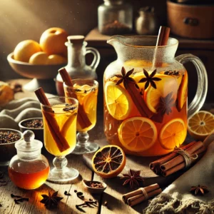 A rustic presentation of spiced tea punch, elegantly arranged on a wooden table. The punch is served in a glass pitcher, infused with warm spices like cinnamon, cloves, and star anise, with slices of oranges and lemons floating on top. A few glasses filled with the golden-hued punch are garnished with citrus slices and cinnamon sticks. Scattered around are loose tea leaves, whole spices, and a small dish of honey. Soft natural lighting enhances the warm and inviting feel, with gentle shadows and a hint of rustic kitchen elements in the background.