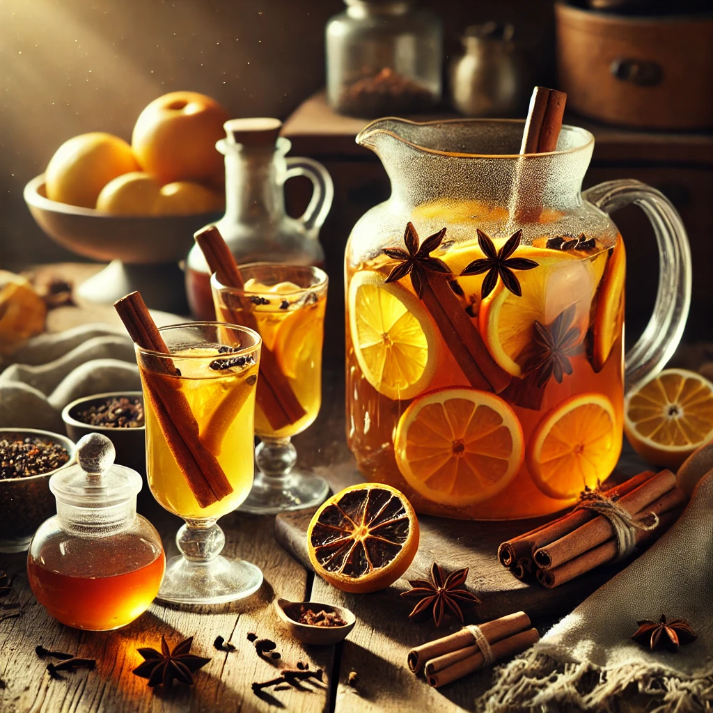 A rustic presentation of spiced tea punch, elegantly arranged on a wooden table. The punch is served in a glass pitcher, infused with warm spices like cinnamon, cloves, and star anise, with slices of oranges and lemons floating on top. A few glasses filled with the golden-hued punch are garnished with citrus slices and cinnamon sticks. Scattered around are loose tea leaves, whole spices, and a small dish of honey. Soft natural lighting enhances the warm and inviting feel, with gentle shadows and a hint of rustic kitchen elements in the background.
