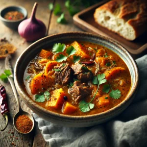 A beautifully plated bowl of Spiced Lamb & Sweet Potato Soup, featuring a rich, aromatic broth with tender chunks of slow-cooked lamb, soft sweet potatoes, and warming spices. The bowl rests on a wooden table with soft, natural lighting highlighting the warm and inviting presentation.