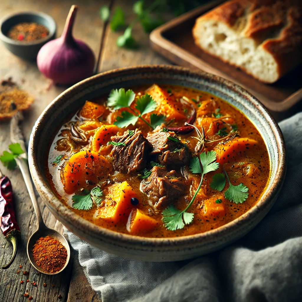 A beautifully plated bowl of Spiced Lamb & Sweet Potato Soup, featuring a rich, aromatic broth with tender chunks of slow-cooked lamb, soft sweet potatoes, and warming spices. The bowl rests on a wooden table with soft, natural lighting highlighting the warm and inviting presentation.