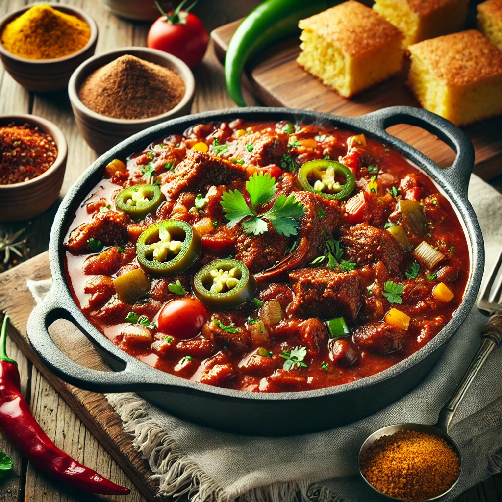 A hearty and rustic Arizona-style beef chili served in a heavy skillet, featuring tender chunks of beef, chopped tomatoes, green bell peppers, onions, and optional jalapeños. The dish is garnished with fresh herbs and accompanied by cornbread, set on a rustic wooden table with small bowls of spices like chili powder and cumin, all highlighted by soft, warm lighting to emphasize its savory appeal.