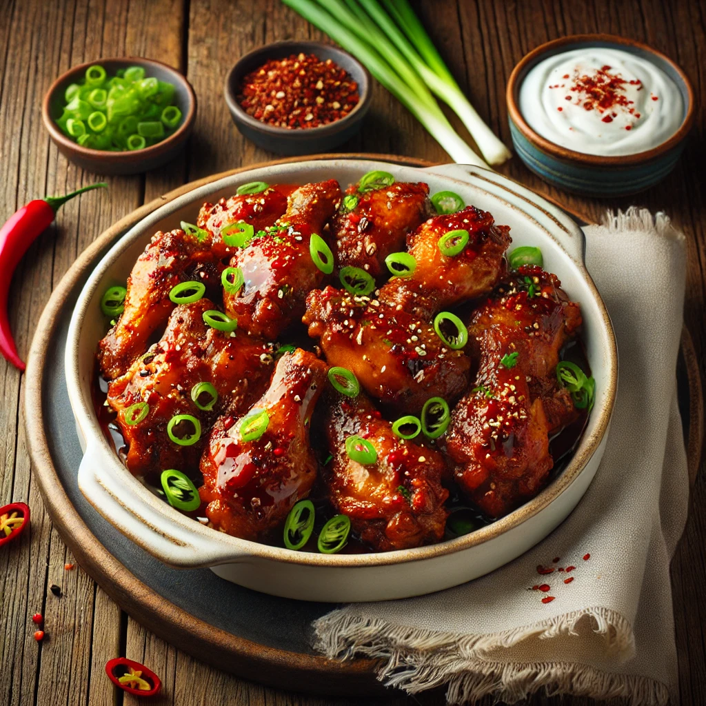 A beautifully plated dish of Spicy BBQ Chicken Wings served on a rustic wooden table. The dish features crispy, golden-brown chicken wings coated in a rich, smoky, and spicy barbecue sauce. Garnished with freshly chopped green onions and a sprinkle of red chili flakes. Served in a white ceramic dish with a side of cooling ranch or blue cheese dipping sauce. The warm wooden table is more visible, providing a cozy and inviting setting.