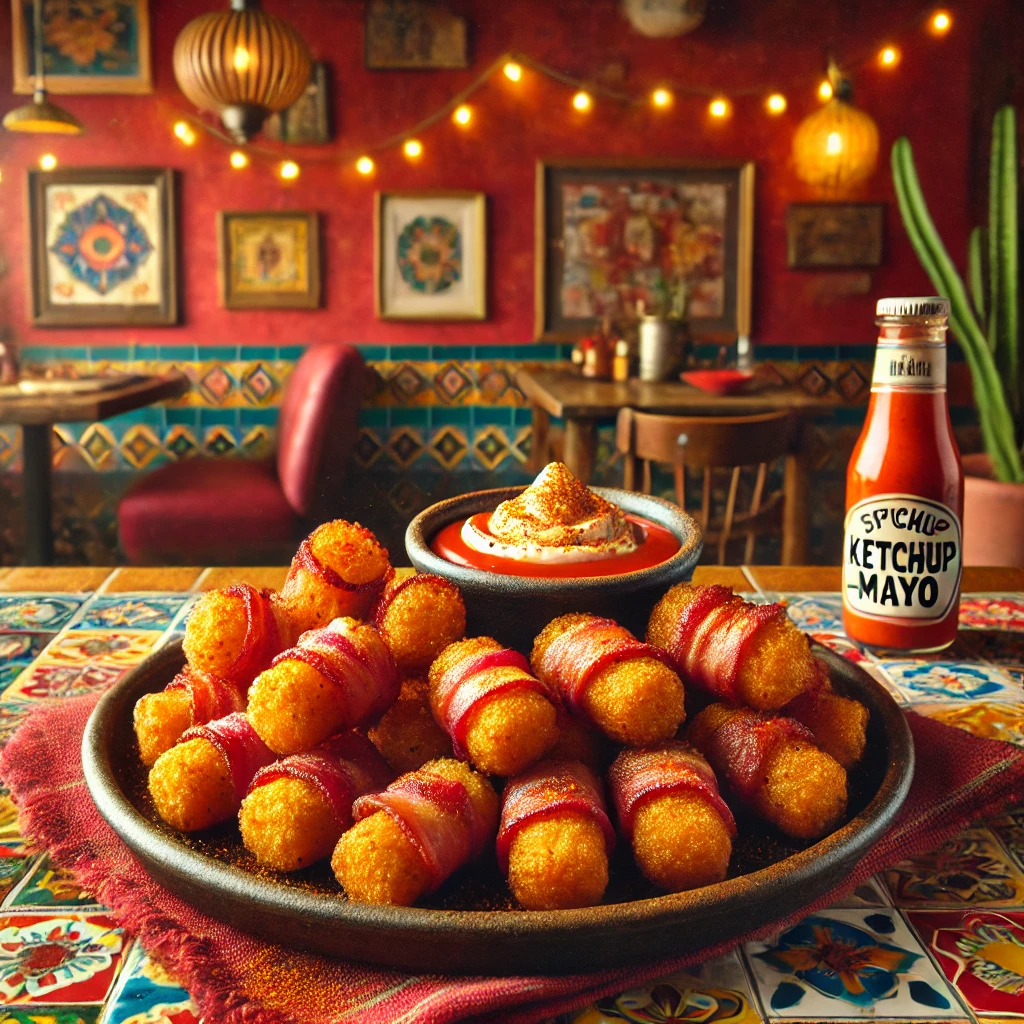 Golden, crispy bacon-wrapped tater tots with a creamy dipping sauce, served in a vibrant Mexican-inspired setting.