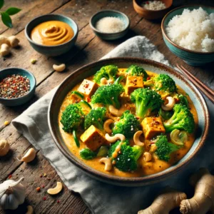 A rustic ceramic bowl of broccoli and tofu in a spicy almond sauce sits on a wooden table. The dish features tender broccoli florets, golden-brown tofu cubes, and thinly sliced onions tossed in a creamy almond butter-based sauce. Garnished with chopped cashews and minced scallions, the stir-fry is paired with a side of steamed rice in a small bowl. Surrounding the setup are fresh ginger, garlic cloves, and a small bowl of almond butter. Soft natural light highlights the vibrant greens and glossy sauce, creating a fresh and appetizing presentation.