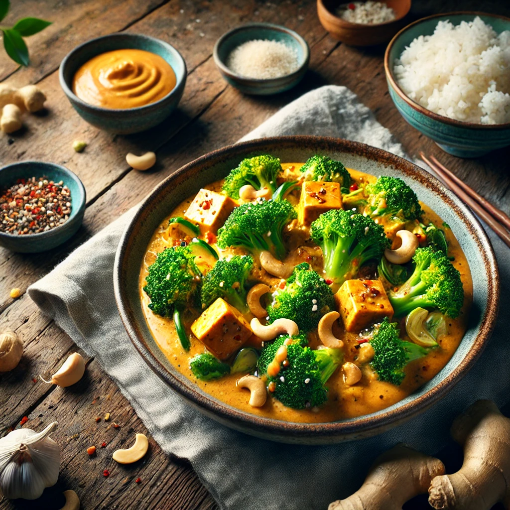 A rustic ceramic bowl of broccoli and tofu in a spicy almond sauce sits on a wooden table. The dish features tender broccoli florets, golden-brown tofu cubes, and thinly sliced onions tossed in a creamy almond butter-based sauce. Garnished with chopped cashews and minced scallions, the stir-fry is paired with a side of steamed rice in a small bowl. Surrounding the setup are fresh ginger, garlic cloves, and a small bowl of almond butter. Soft natural light highlights the vibrant greens and glossy sauce, creating a fresh and appetizing presentation.